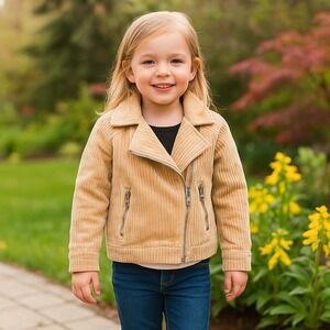 Forever 21 Girls Corduroy Moto Jacket Kids S/5-6 Tan Full Zip Pockets Casual